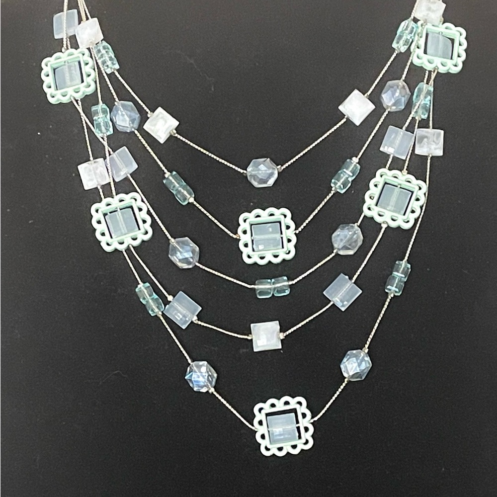 Silver 5 Tiered Necklace with Acrylic Framed Square & Faceted Clear, Green Beads